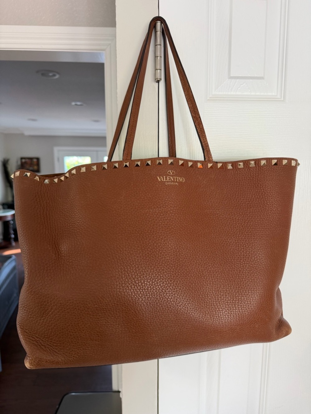 Valentino Garavani Cognac Rockstud Pebbled Leather Tote
